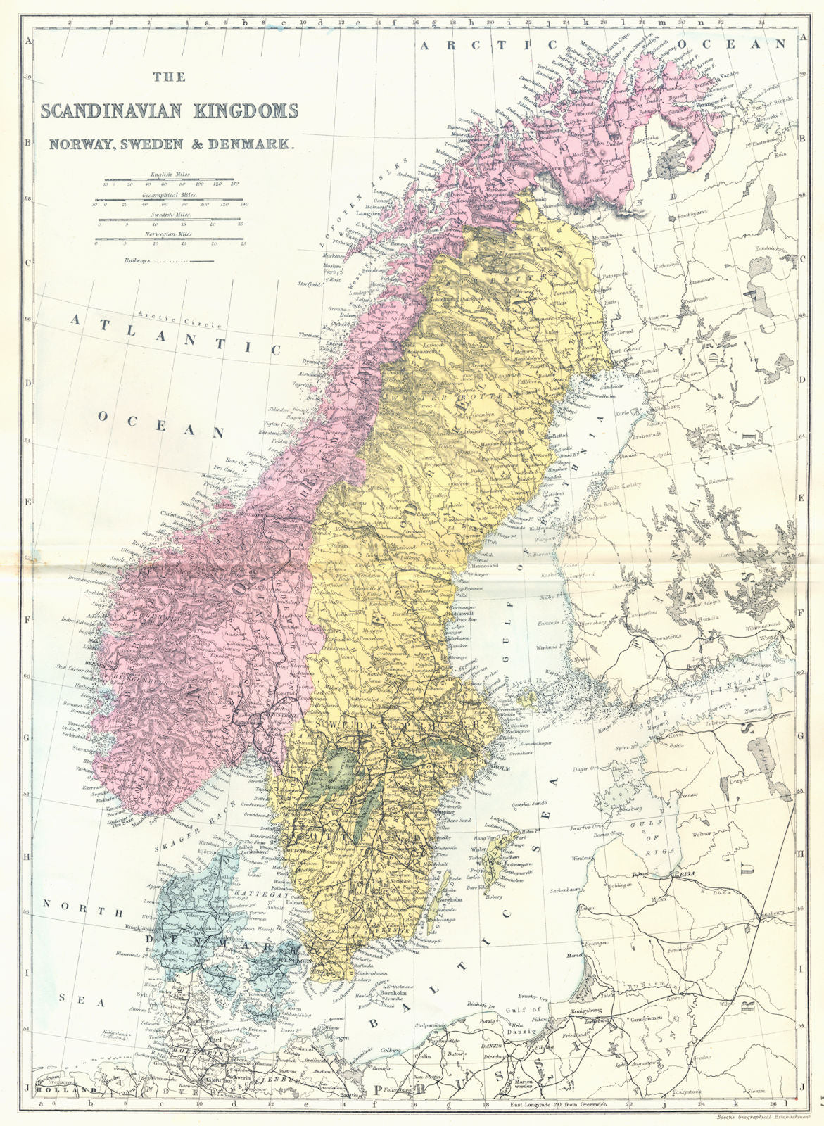 SCANDINAVIA. Kingdoms of Norway,Sweden & Denmark. Bacon 1895 old antique map